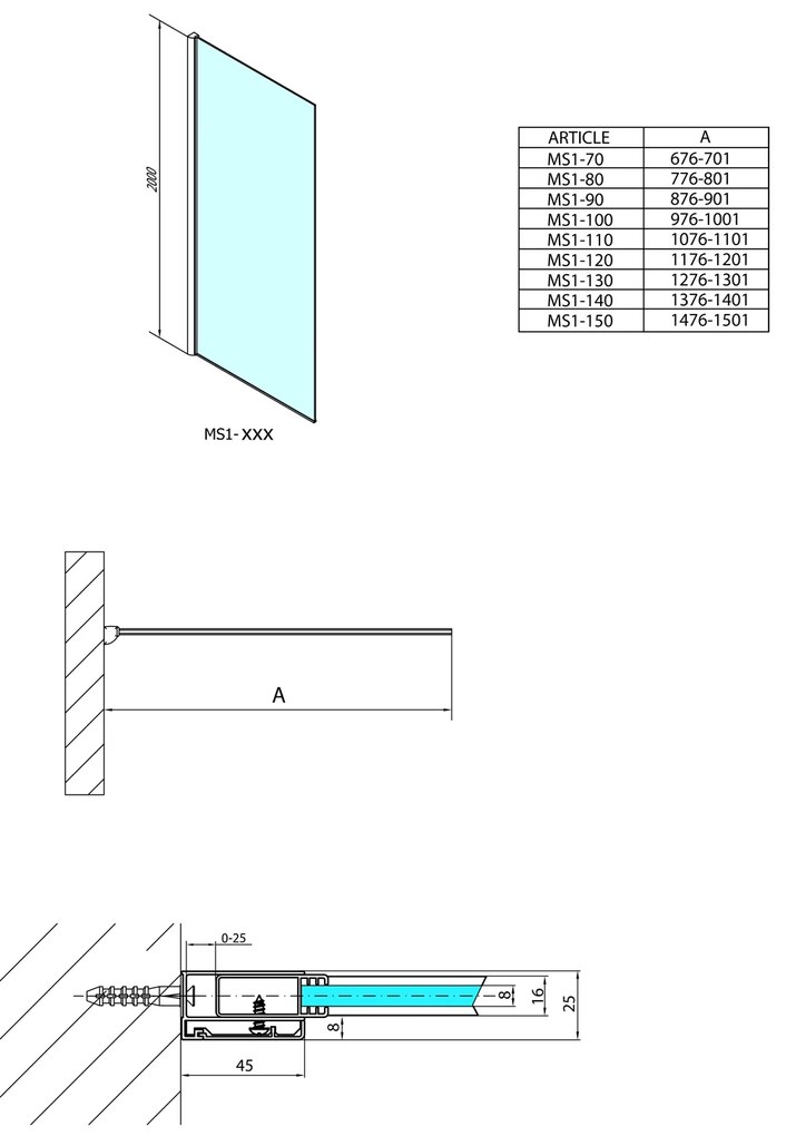 Polysan, MODULAR SHOWER stena na inštaláciu na múr, jednodielna, 700 mm, MS1-70