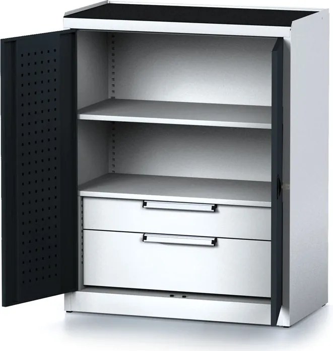 Policová dielenská skriňa 2-dverová MECHANIC, 1 polica, 2 zásuvky, 920 x 500 x 1170 mm, grafitové dvere