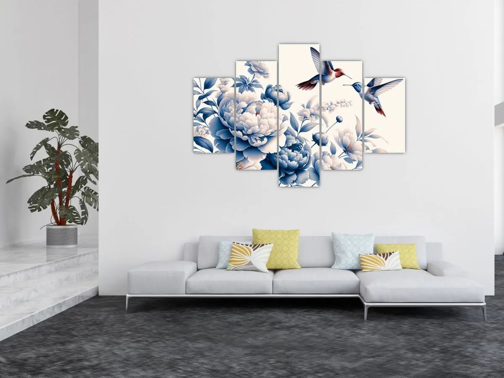 Obraz - Kolibríky nad kvetinou (150x105 cm)