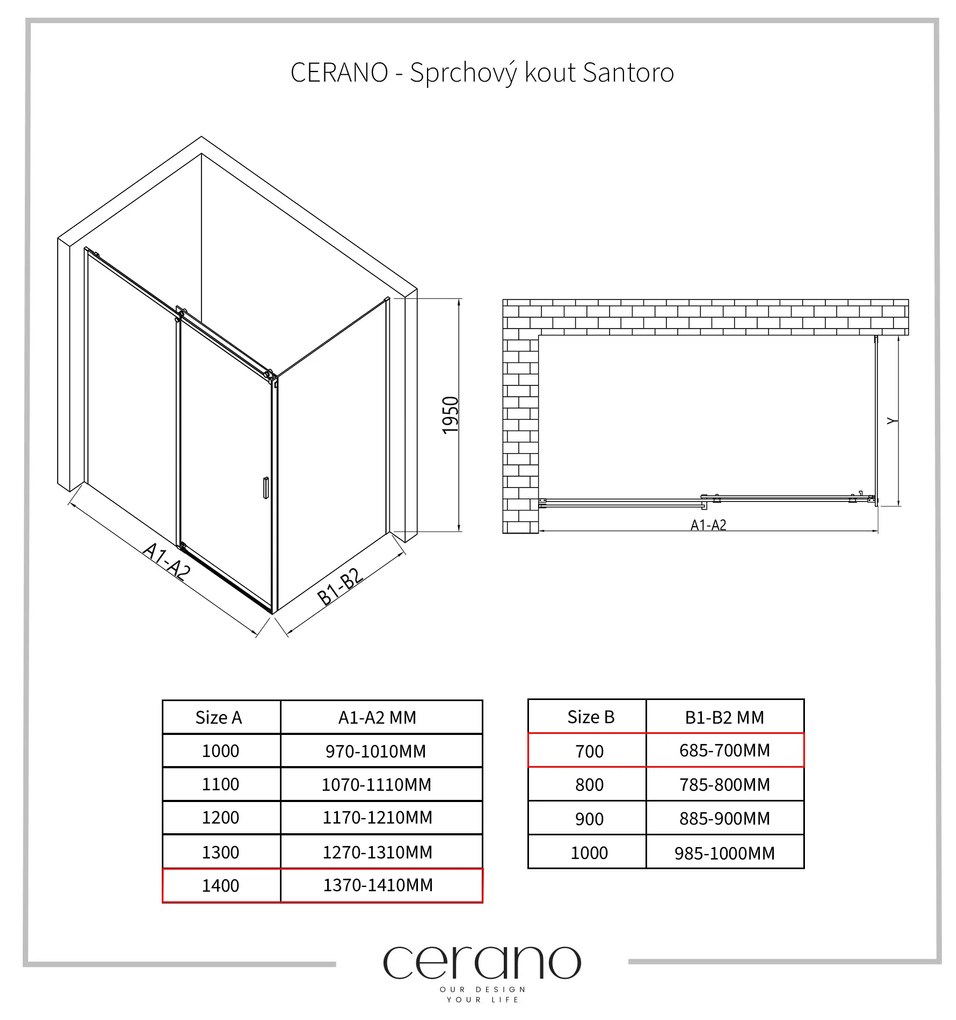 Cerano Santoro, sprchový kút s posuvnými dverami 140(dvere) x 70(stena) x 195 cm, 6mm číre sklo, čierny profil, CER-CER-431518