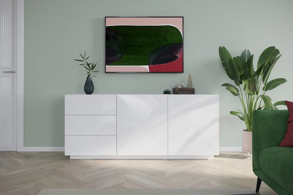 Biela komoda Asha 167 cm s dvoma dverami a zásuvkami - lesklá