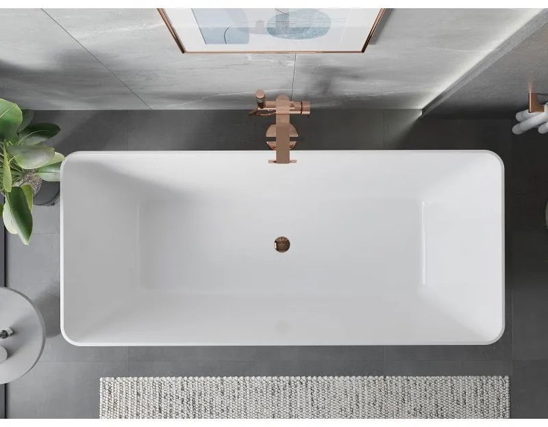 Mexen Velo Slim, voľne stojaca vaňa 170 × 75 cm, biela lesklá, ružové zlato prepad, 52811707500-60