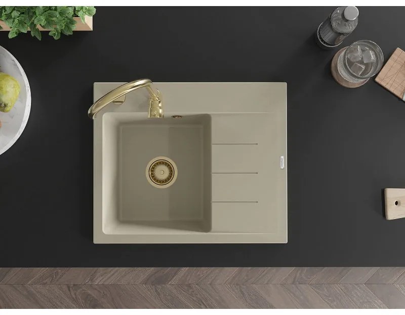 Mexen Ben, 1-komorový granitový drez 600x500x190 mm, ľavý + zlatý sifón, béžová, 6522605000-69-G