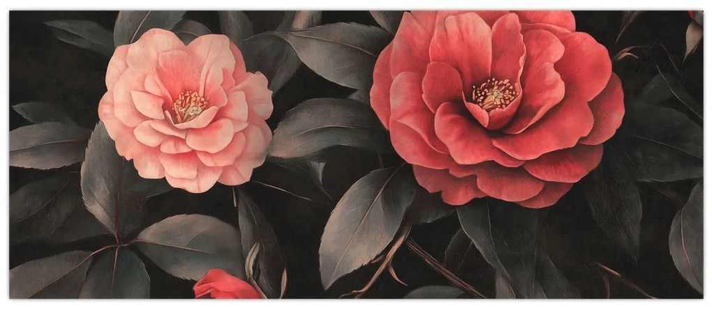 Obraz - Červené kvety na tmavom pozadí (120x50 cm)
