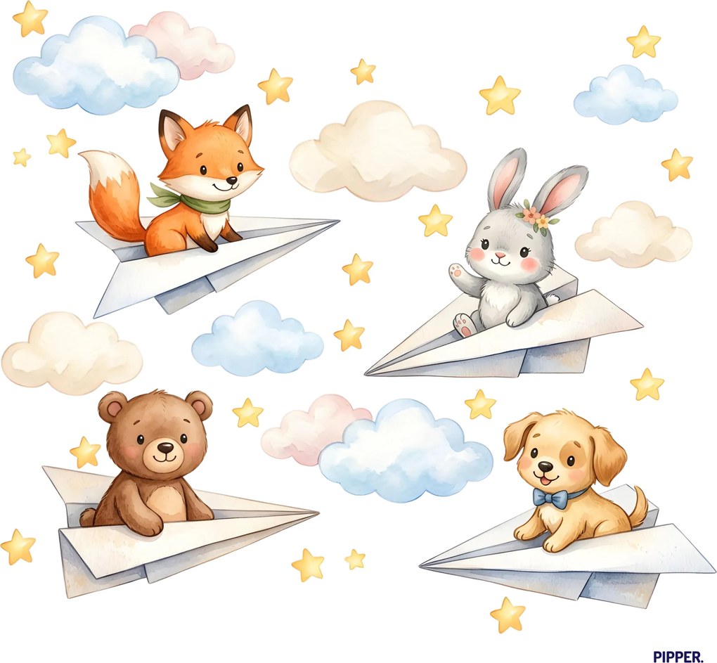 PIPPER. Textilná nálepka na stenu "Zvieratká v papierových lietadielkách"