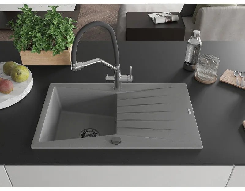 Mexen Cesar, 1-komorový granitový drez 775x470x190 mm a drezová batéria Duo, šedá, 6514-71-671701-07-B
