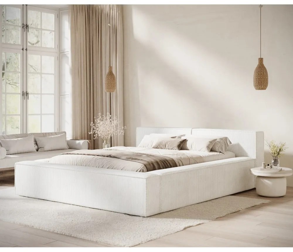 Krémová čalúnená dvojlôžková posteľ s úložným priestorom s roštom 200x200 cm Voliera – Maison de Rêve