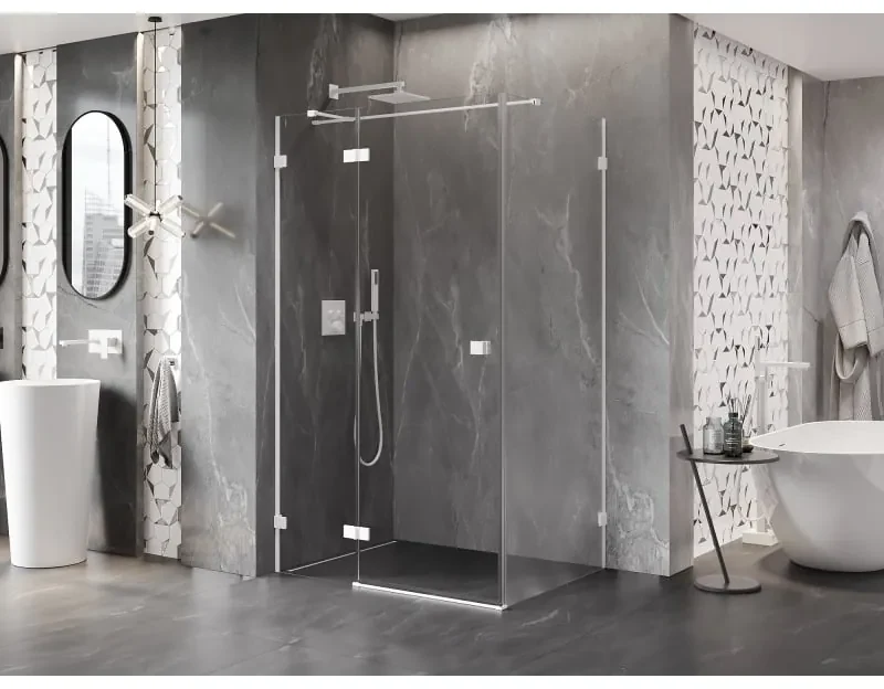 Mexen Lunar T, sklápací sprchový kút ľavý 140 x 110 cm, 8mm číre sklo, biely profil, 834T-140-110-20-00-L
