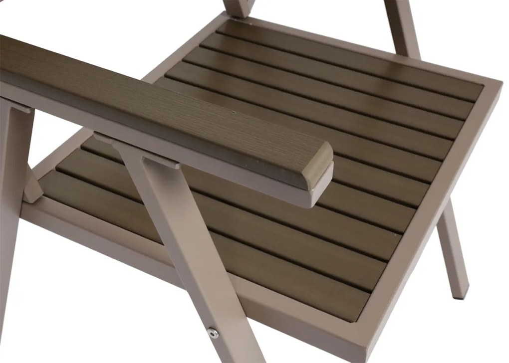 Set 2 záhradných stoličiek HWC-J95, hliník imitácia dreva - rám šampanské, sivá