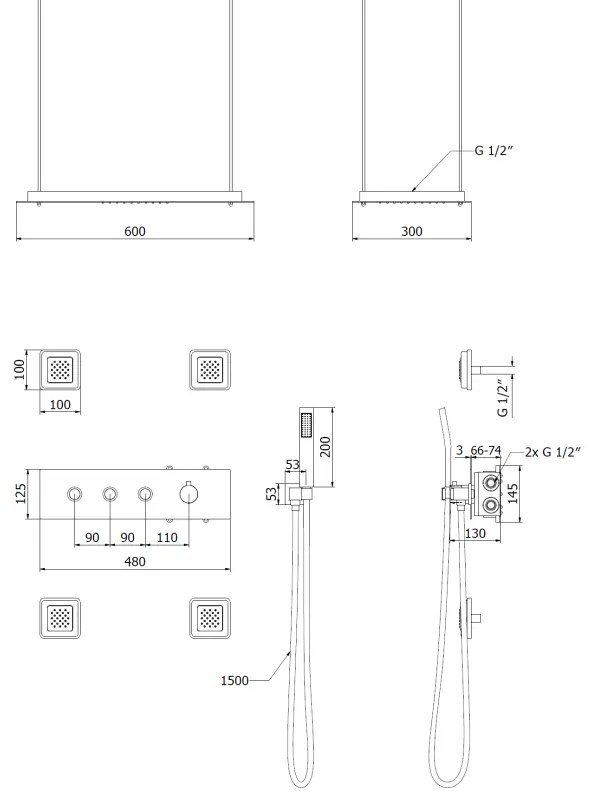 Mexen Soler, podomietkový sprchový set, čierna matná, 7601-04-70