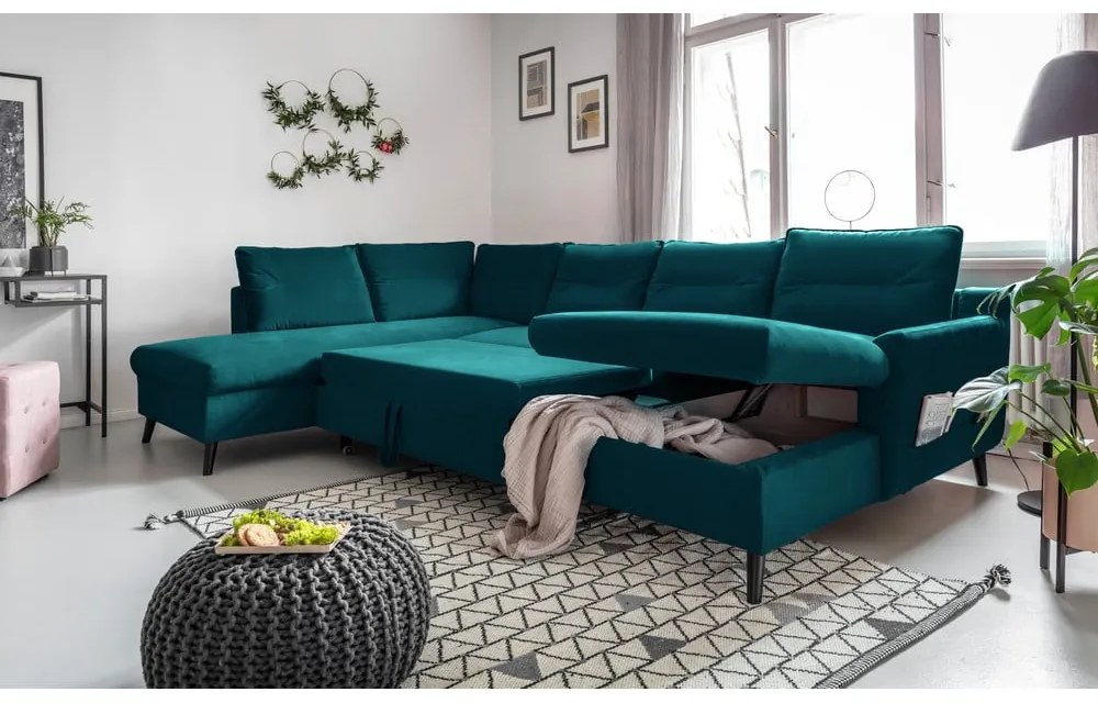 Tyrkysovomodrá zamatová rozkladacia pohovka do "U" Miuform Stylish Stan, ľavý roh