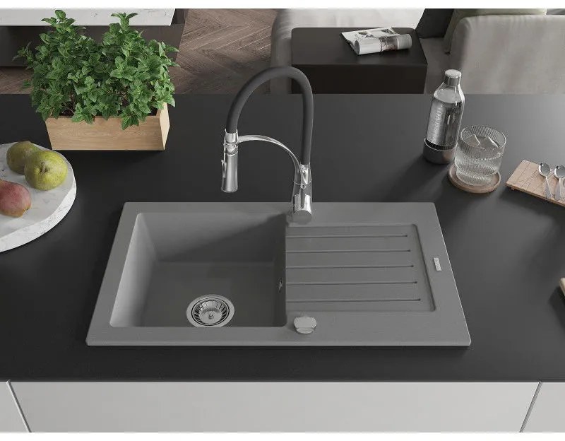Mexen Pablo, 1-komorový granitový drez 752x436x161 mm a drezová batéria Aster, šedá, 6510-71-73450-07