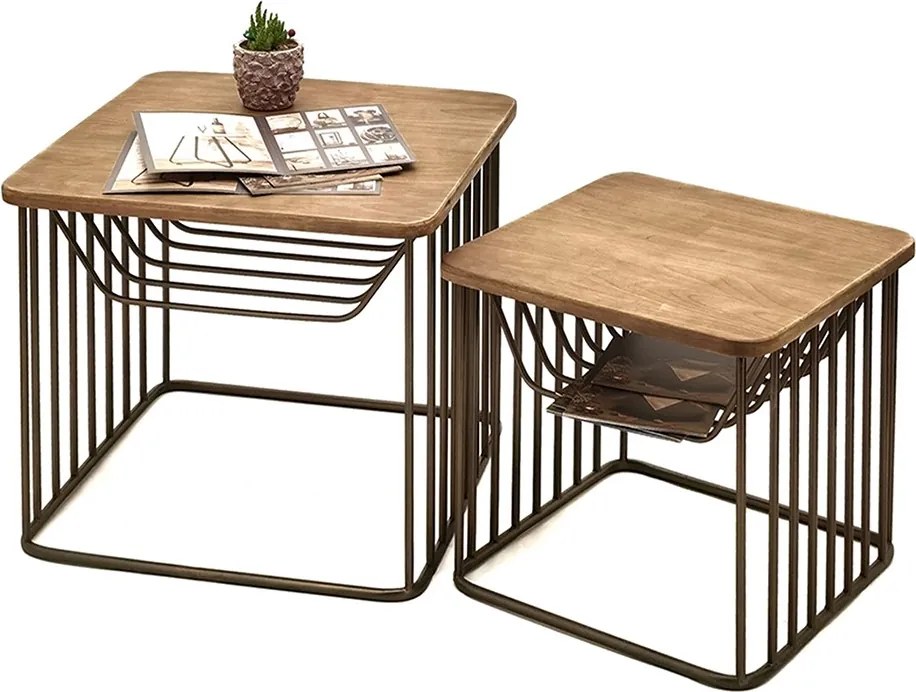 Granitový antik kovový odkladací stolík s drevenou doskou Sally - 53*53*44 / 42*42*38 cm