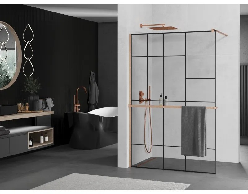 Mexen Kioto+, sprchová zástena Walk-In s poličkou a vešiakom 70 x 200 cm, 8mm číre sklo čierny vzor, medený matný profil, 800-070-121-65-78