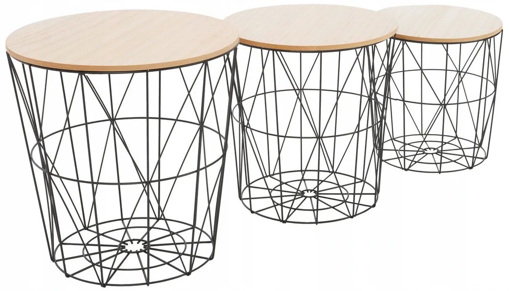 Tutumi Twins Round, sada troch drôtených okrúhlych kávových stolov SG1710-23, dub sonoma-čierna, KRZ-08533