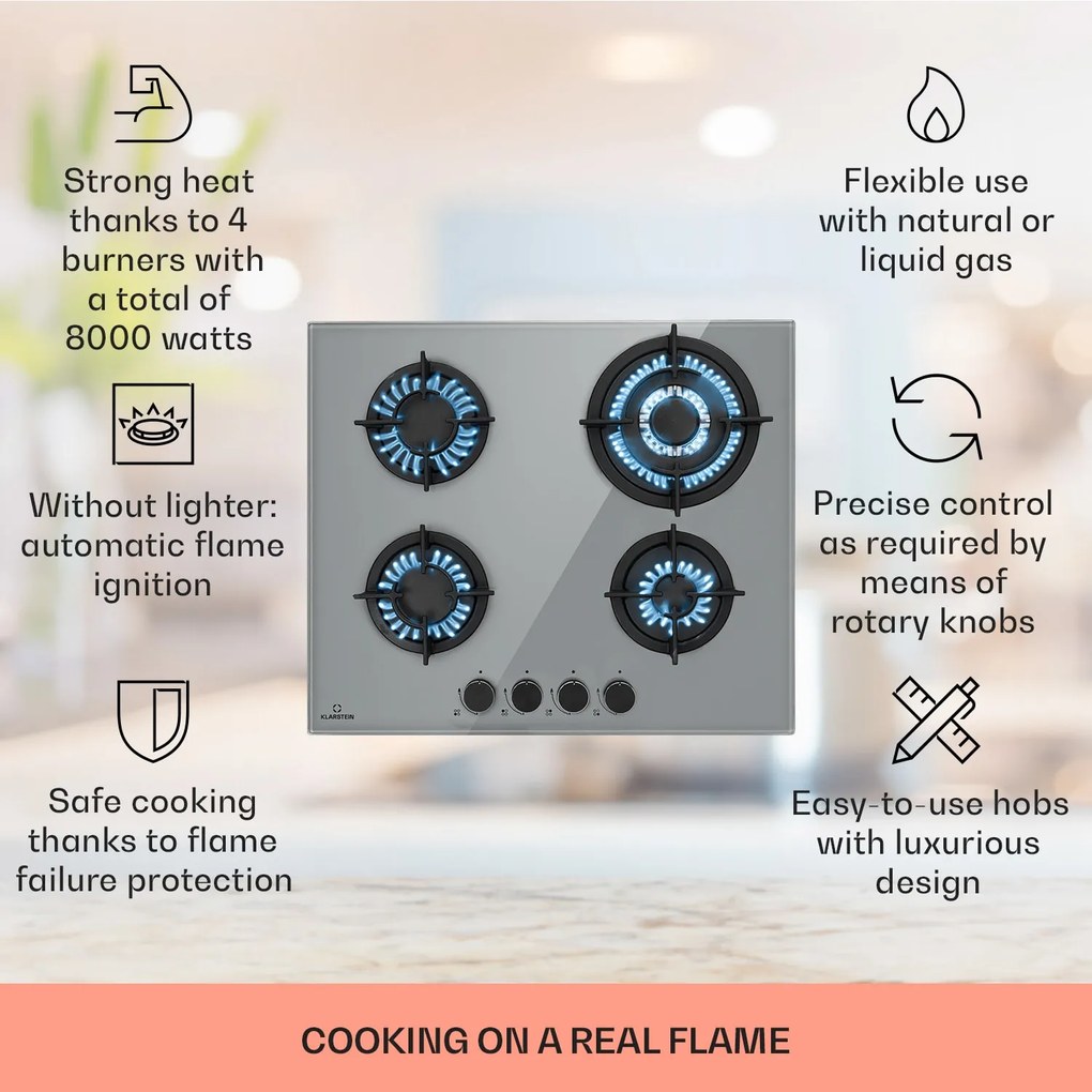 Klarstein Firetale, plynová varná doska, 4 hliníkové horáky, vrátane hadice a redukčného ventilu