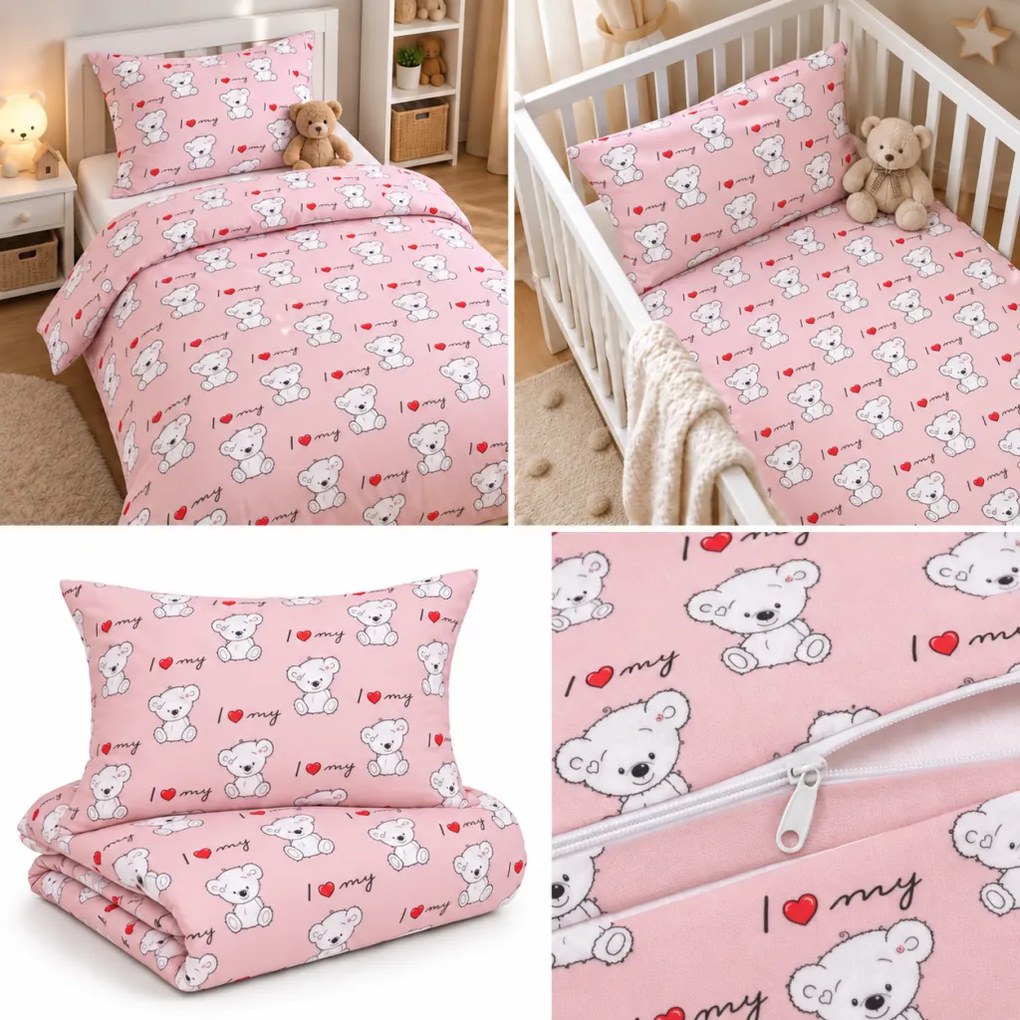 Obliečky bavlnené detské Medvedíky ružové TiaHome - Detský set 130x90cm + 65x45cm