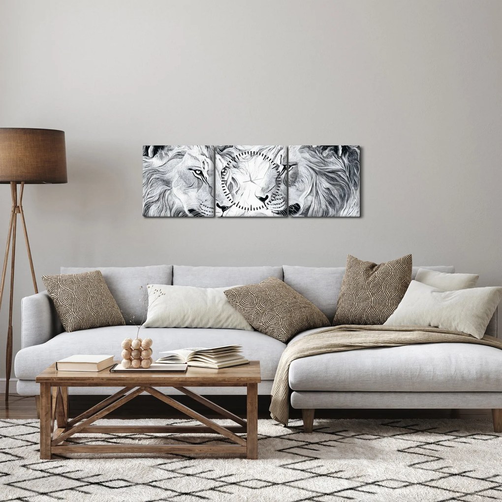 Obraz - Kreslené levie hlavy (s hodinami) (90x30 cm)