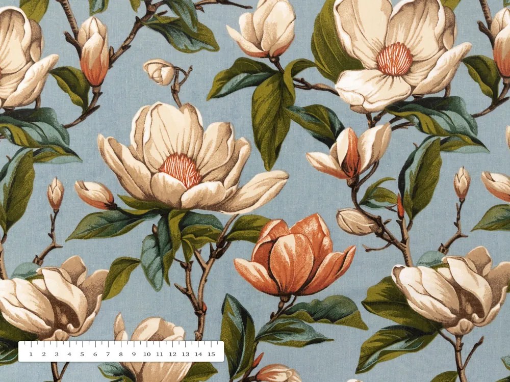 Biante Bavlnený záves Sandra SA-545 Kvety magnólie na sivomodrom 150x210 cm