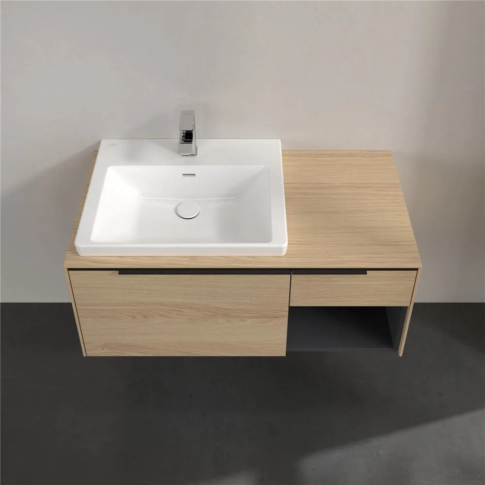 VILLEROY &amp; BOCH Subway 3.0 závesná skrinka pod umývadlo (umývadlo vľavo), 2 zásuvky + regálový prvok, s LED osvetlením, 1001 x 516 x 422,5 mm, Nordic Oak, C572L1VJ