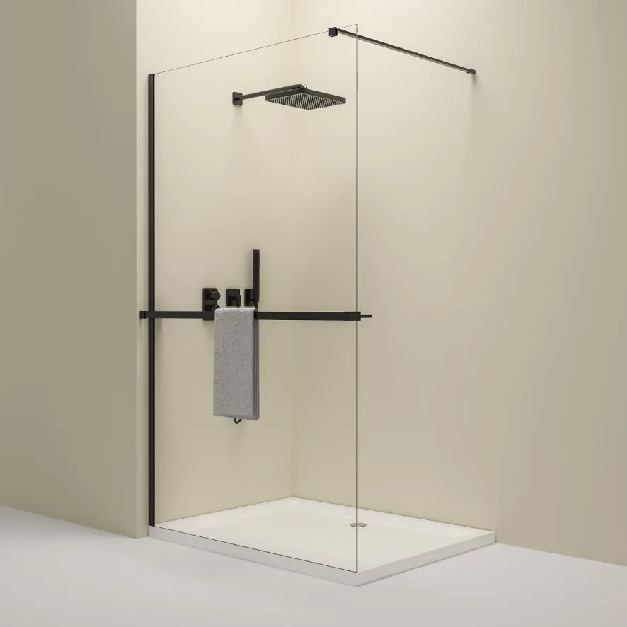Erga Paris, sprchová zástena Walk-In 110x200 cm s poličkou a vešiakom na uteráky, 8mm číre sklo, čierny profil, ERG-V02-PARIS-110x200-CL-BK-BAR