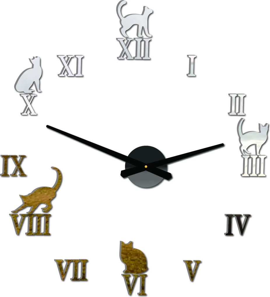 Nalepovacie hodiny na stenu mačky - DIY CAFORD: Čierna Ral 9005 Čierne ručičky 80 cm 3707-33361 12P020 2D CLOCK HEU-
