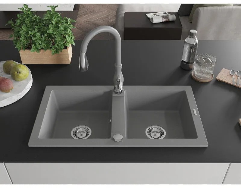 Mexen Mario, 2-komorový granitový drez 820x436x161 mm a drezová batéria Savita, šedá, 6504-71-672601-71