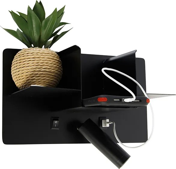 Moderná nástenná lampa čierna vrátane LED s USB - Thijs