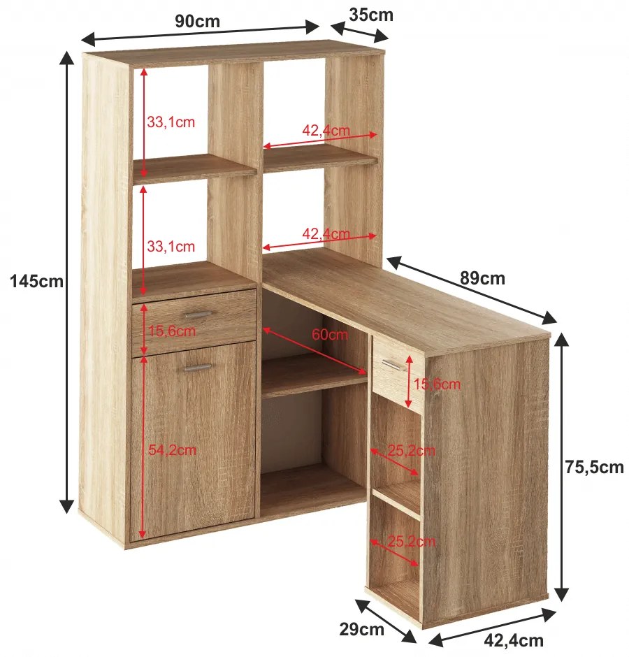 Kondela PC stôl s regálom, dub sonoma, MINESON