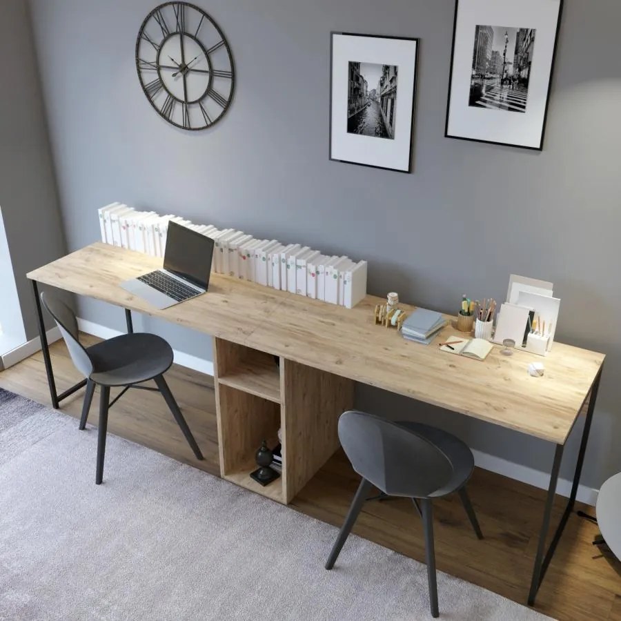 Hanah Home - Dizajnový pracovný dvojstôl IKILI 240 cm, MDF, dubová dýha