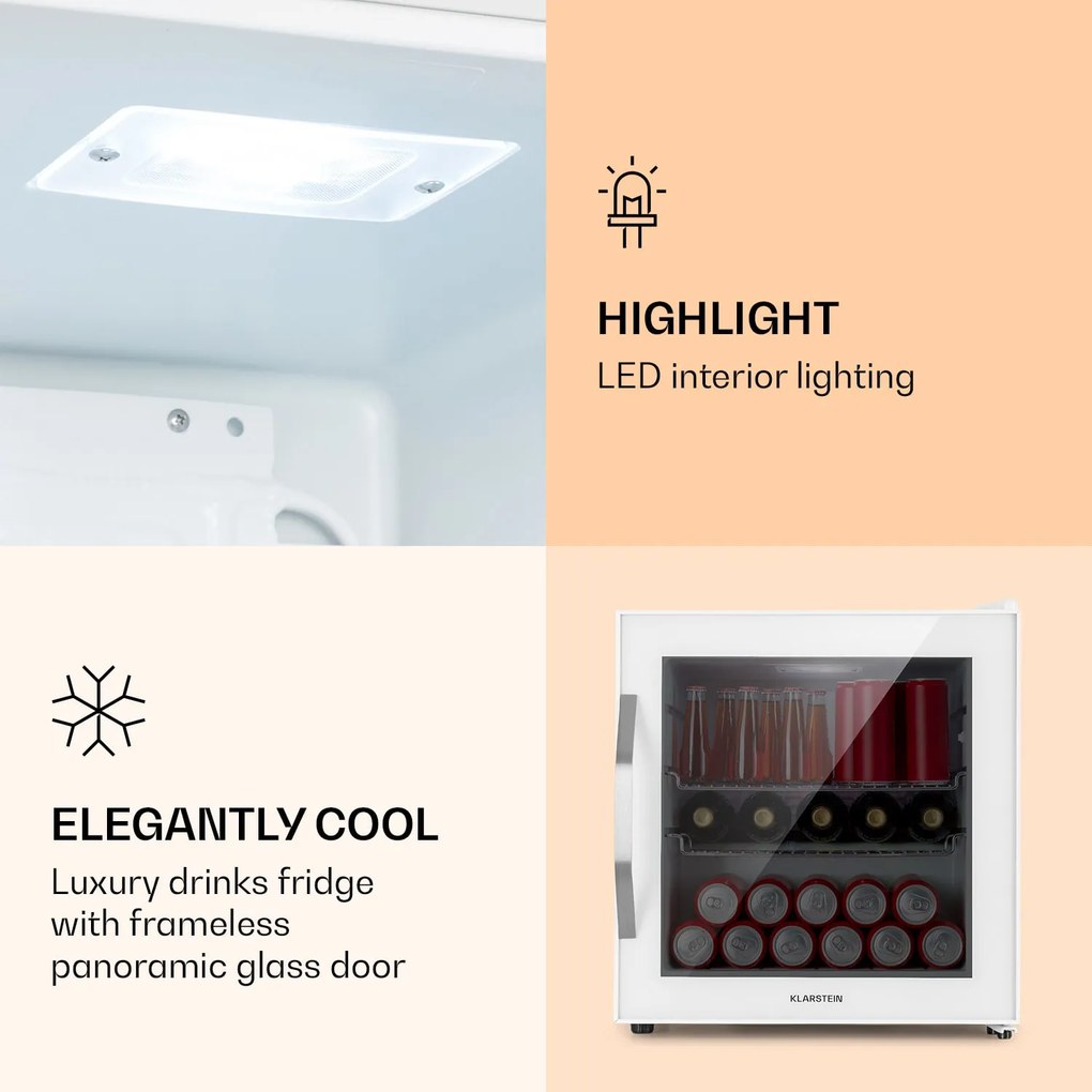 Klarstein Beersafe L Quartz, chladnička, 47 l, 2 police, sklenené panoramatické dvierka, biela