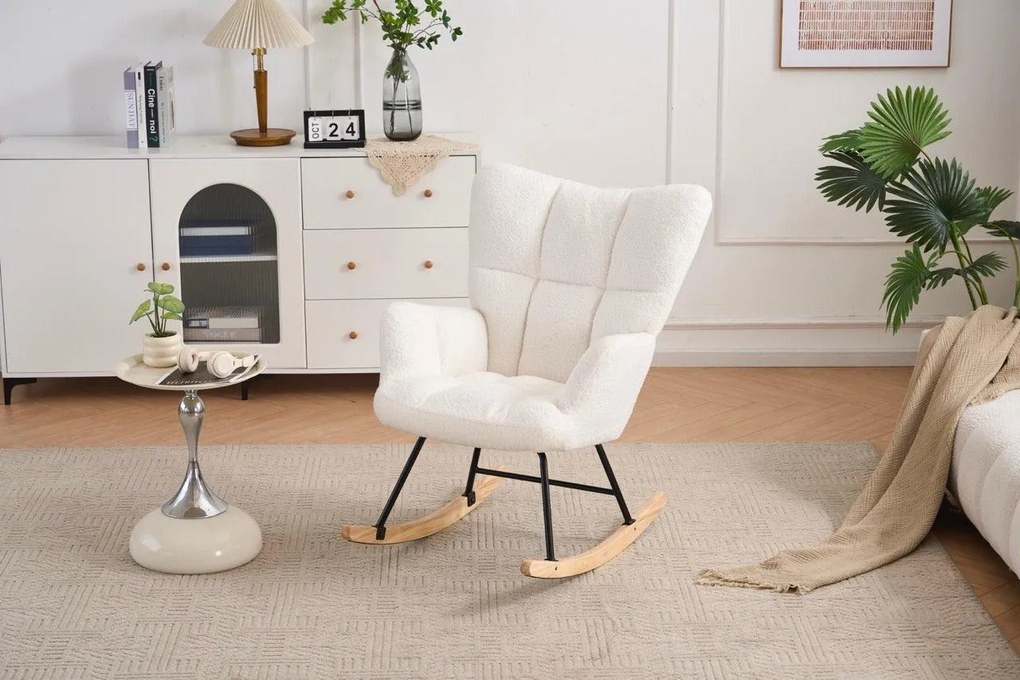 Hojdacie kreslo, relaxačné kreslo s plyšovým poťahom, bielej farby
