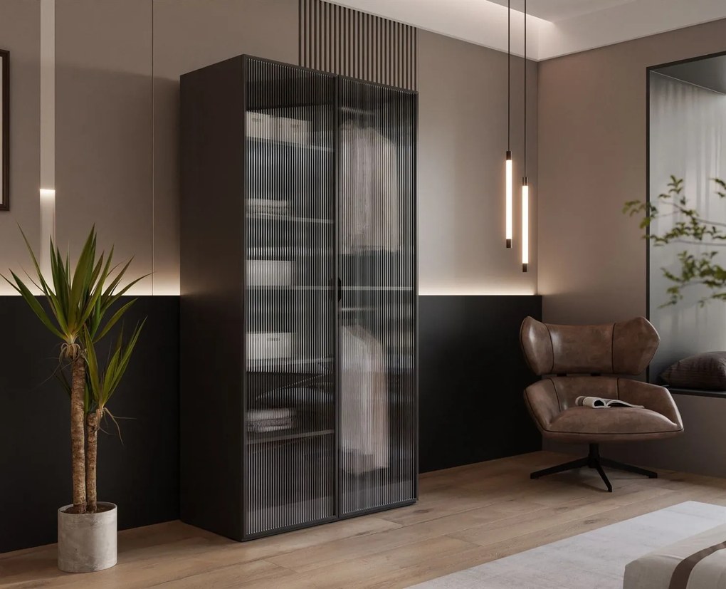 DVOJDVEROVÁ ŠATNÍKOVÁ SKRIŇA AMADEO 100 cm ČIERNO ŠEDÁ + 2 x VRÚBKOVANÉ SKLO