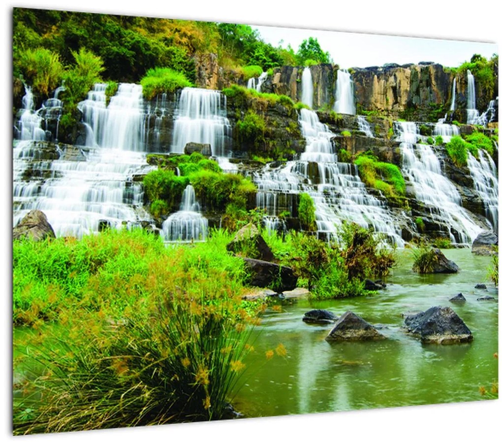Sklenený obraz - vodopády so zeleňou (70x50 cm)