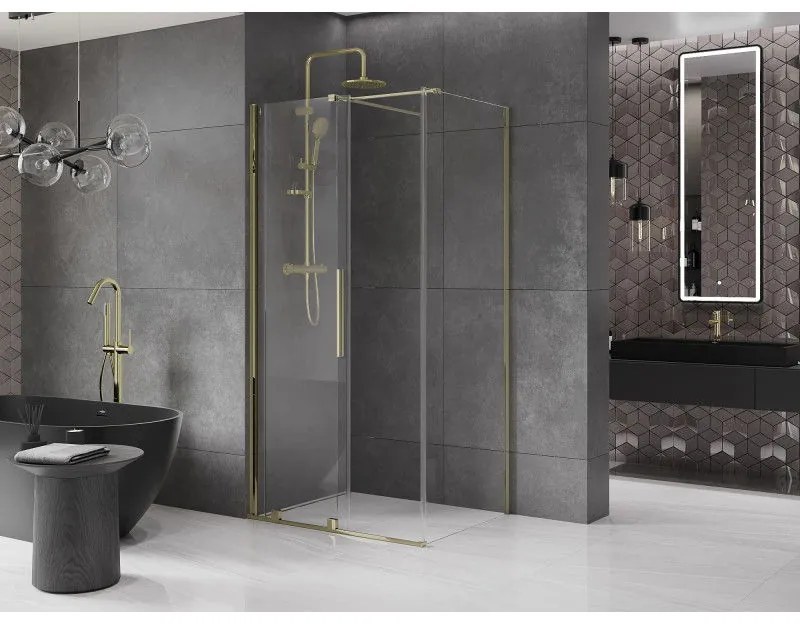 Mexen Velar, sprchový kút s posuvnými dverami 90(dvere) x 75(stena) cm, 8mm číre sklo, zlatá lesklá, 871-090-075-01-50