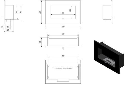 Kratki DELTA/CZARNY/TUV - Vstavaný BIO krb DELTA 40x60 cm 2kW čierna
