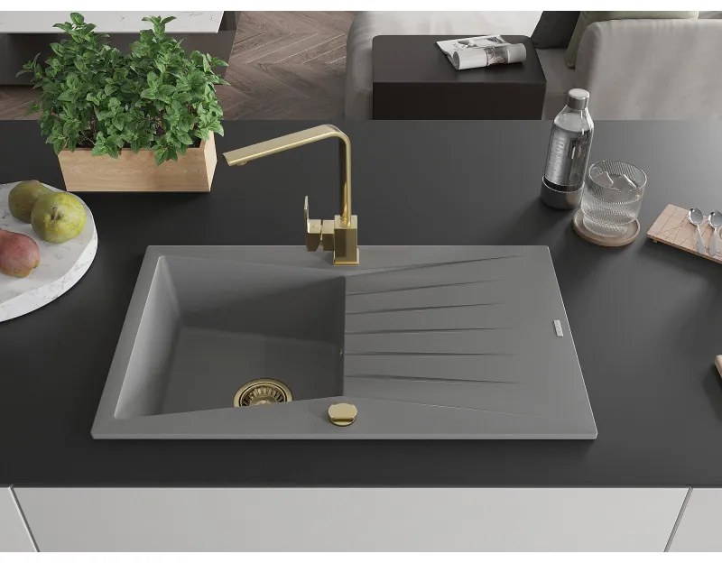 Mexen Cesar, granitový drez 775x470x190 mm, 1-komorový, šedá so zlatým sifónom a zlatá drezová batéria Rita, 6514-71-670300-50