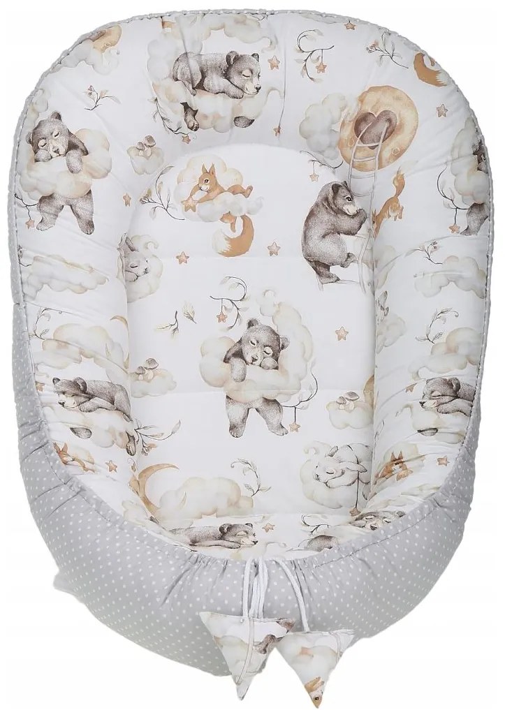 Obojstranné hniezdočko (kokon) pre bábätko - BABYMAM PREMIUM set 7v1 - Medvieďatá s béžovou minky