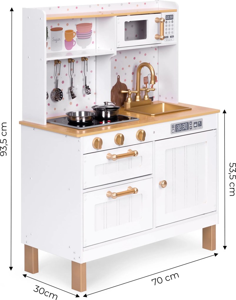 Detská drevená kuchynka ECOTOYS s LED a zvukmi, otvárateľné dvierka, 7 kovových doplnkov