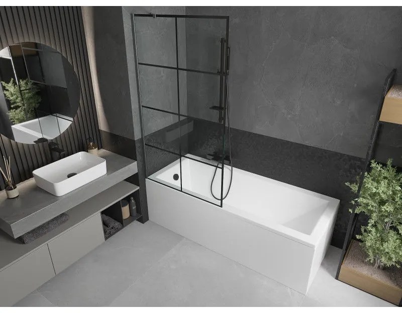 Mexen Next, 1-krídlová vaňová zástena 90 x 150 cm, 6mm číre sklo - čierny vzor, brúsený grafit, 895-090-000-00-77-66