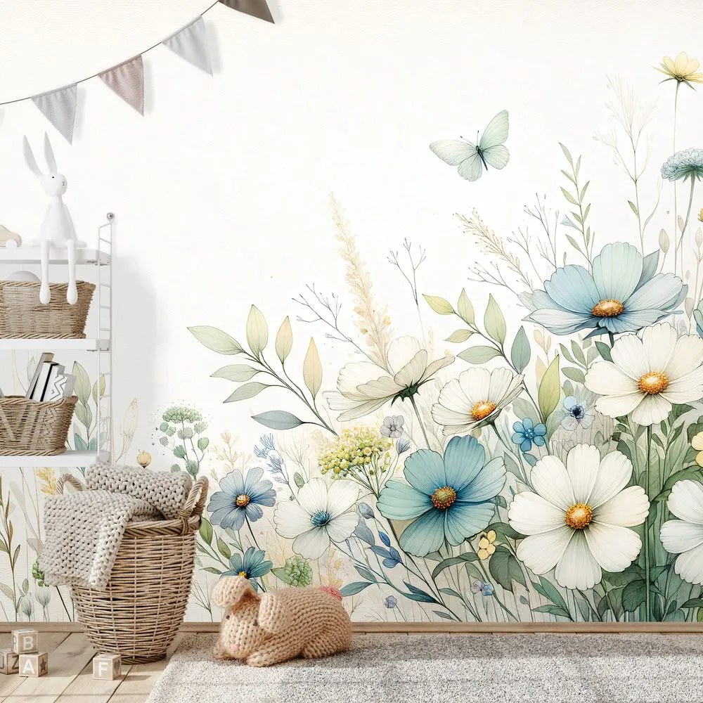 Samolepiaca tapeta pastelové lúčne kvety a lietajúce motýle