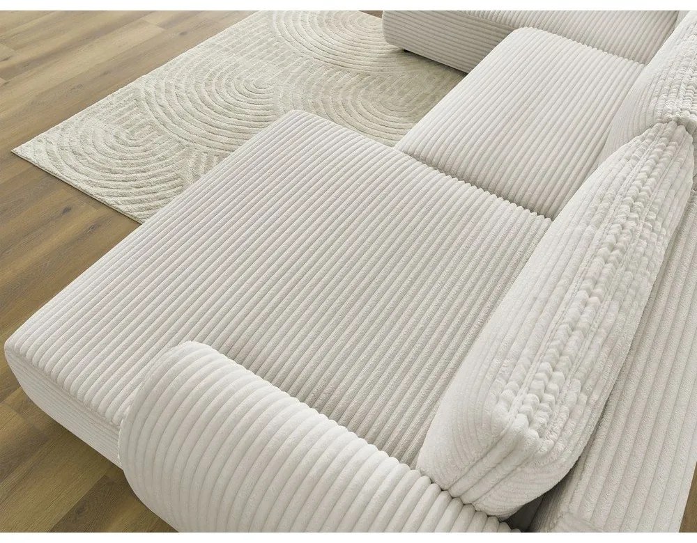 Krémovobiela menčestrová rozkladacia/s úložným priestorom rohová pohovka (ľavý roh/do tvaru "U") Lucien – Bobochic Paris