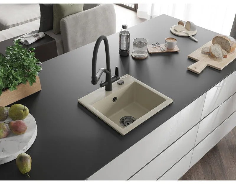 Mexen Milo, granitový drez 435x410x171 mm, 1-komorový a drezová batéria Duo, béžová, 6505-69-671701-70-B