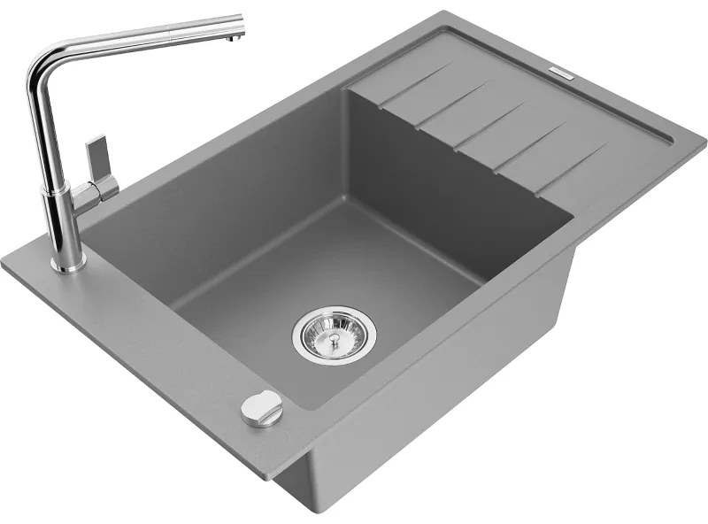 Mexen Elias, 1-komorový granitový drez 795x480x200 mm a drezová batéria Flora, šedá, 6511-71-670401-00