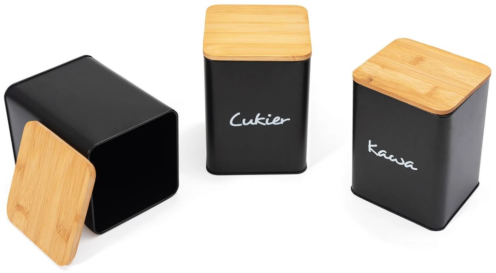 Tutumi Tutumi, sada 3 čiernych kuchynských nádob z kovu a bambusu 391890, čierna-hnedá, HOM-08800