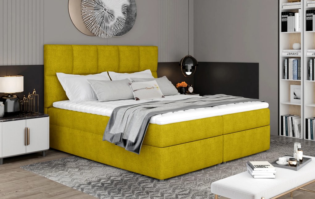 Box spring posteľ Grass 200x185cm, žltá žinilka