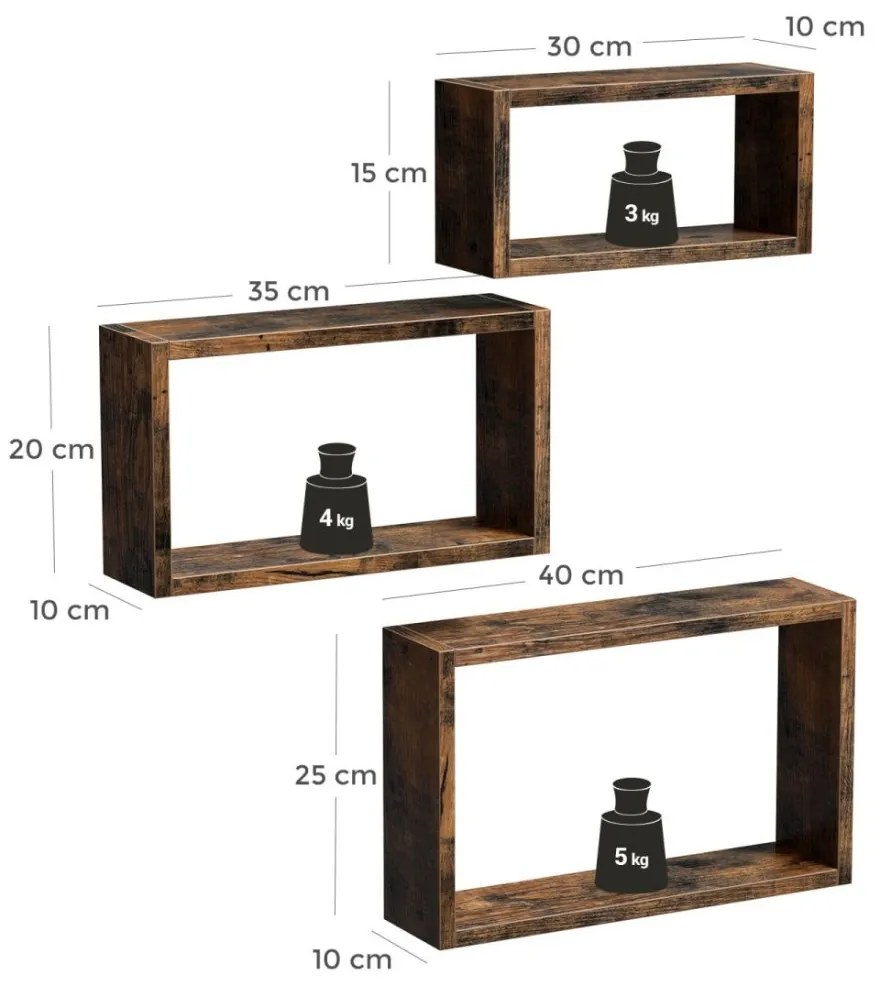 VASAGLE LWS094X01 Sada 3 nástenných polic v rustikálnom štýle v hnedej farbe