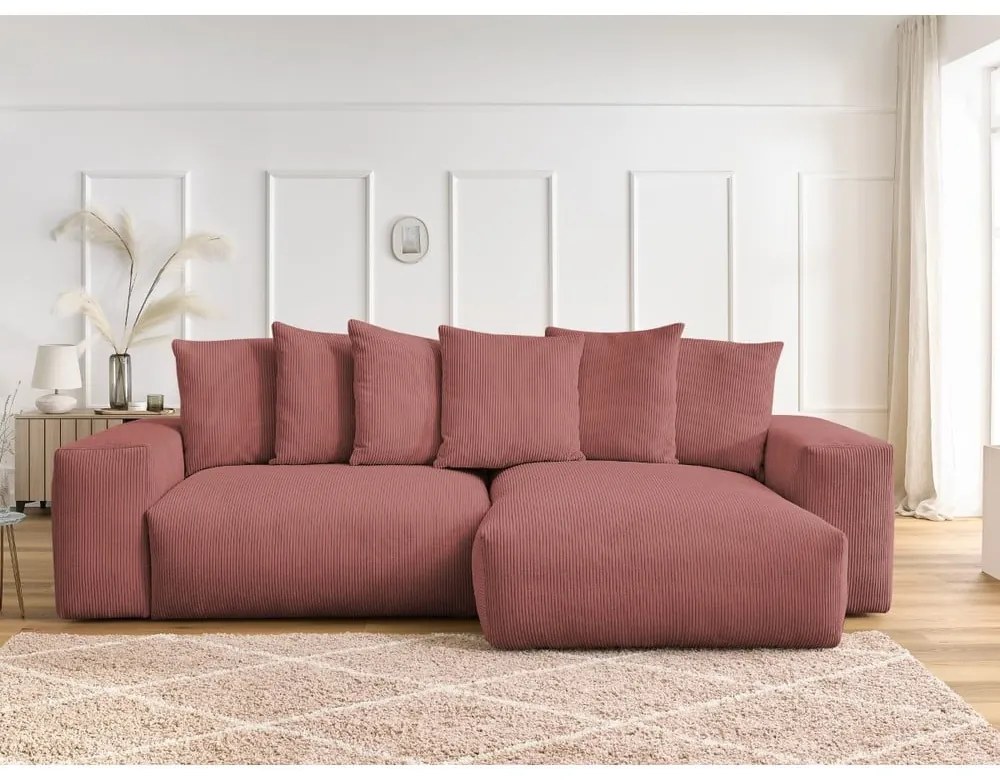 Ružová menčestrová rozkladacia/s úložným priestorom rohová pohovka Voltaire – Bobochic Paris