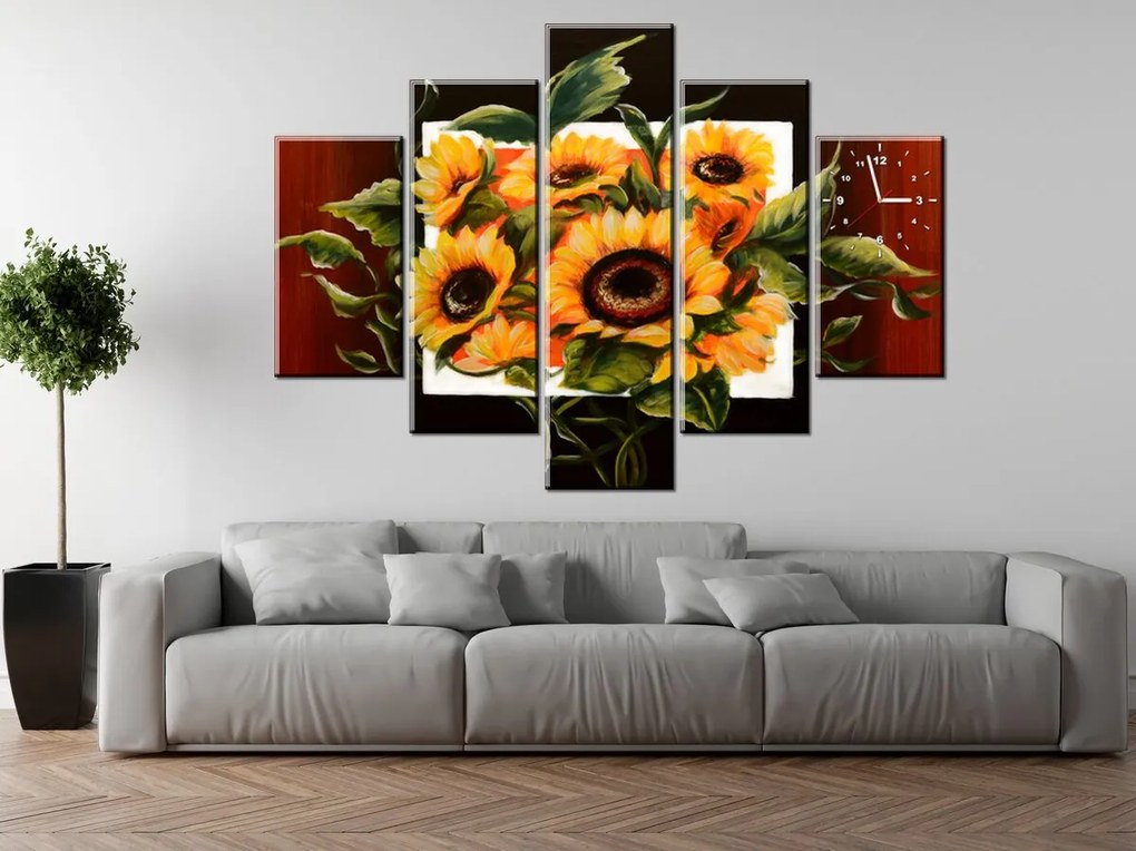 Gario Obraz s hodinami Prekrásne slnečnice - 5 dielny Rozmery: 150 x 105 cm