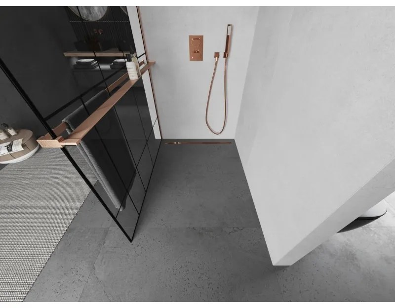 Mexen Kioto+, sprchová zástena Walk-In s poličkou a vešiakom 70 x 200 cm, 8mm číre sklo čierny vzor, medený matný profil, 800-070-121-65-78